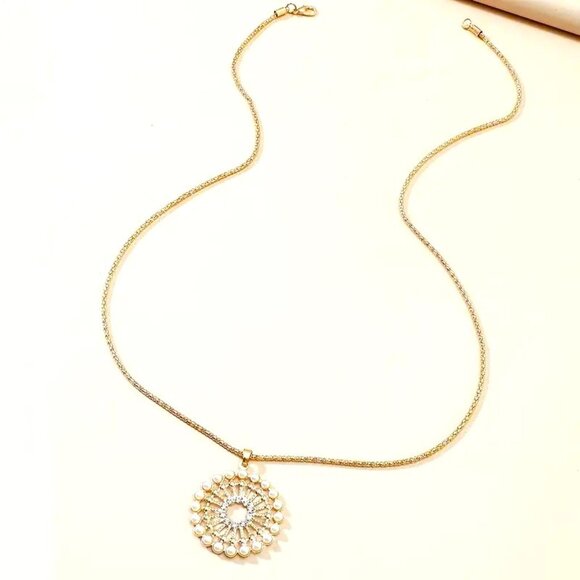 Pearl Necklace Long Rhinestone 30" Chain Pendant Statement Gold Y2K Round Circle - Picture 3 of 4